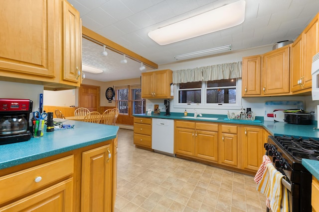 kitchen featuring sink, a baseboard heating unit, black gas stove, white dishwasher, and track lighting