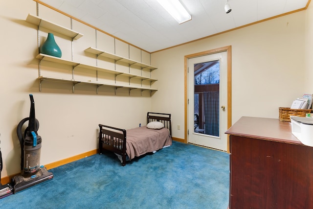 bedroom featuring light colored carpet and crown molding