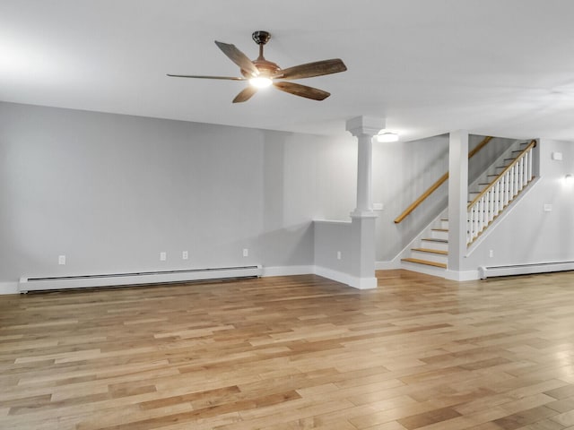 interior space featuring ceiling fan, light hardwood / wood-style flooring, and a baseboard radiator