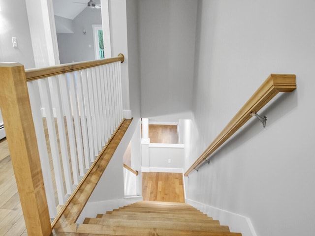 stairs featuring hardwood / wood-style floors and vaulted ceiling