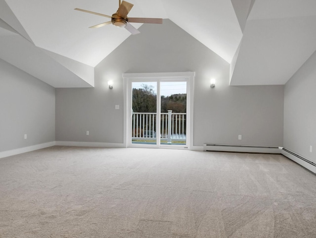 additional living space with ceiling fan, carpet, and lofted ceiling