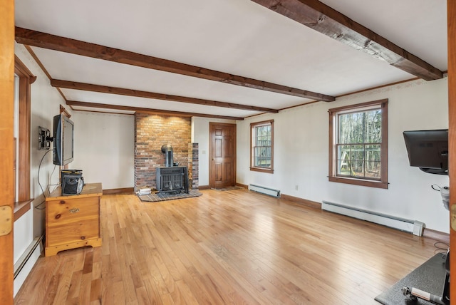 living room with baseboard heating, a wood stove, and light wood-type flooring