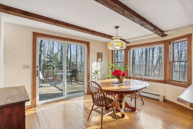 dining room featuring light hardwood / wood-style floors and baseboard heating