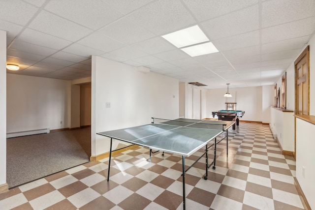 playroom featuring a drop ceiling, a baseboard heating unit, and pool table