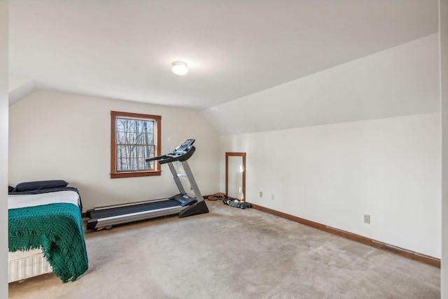 exercise room featuring carpet and lofted ceiling