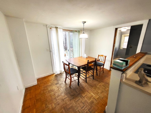 dining area featuring dark parquet flooring