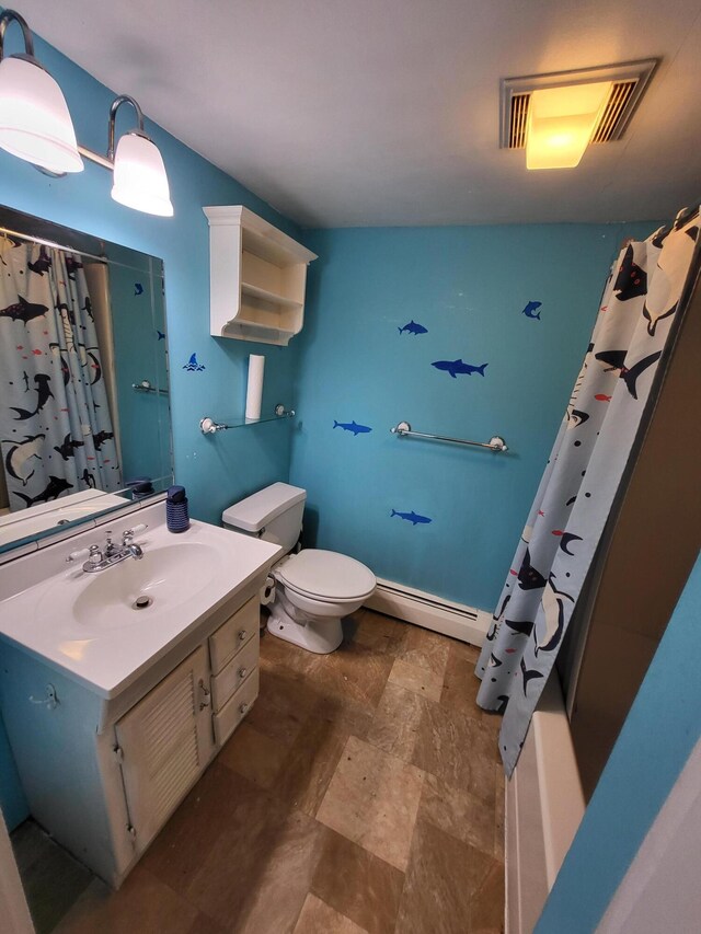 bathroom featuring a shower with shower curtain, vanity, toilet, and baseboard heating