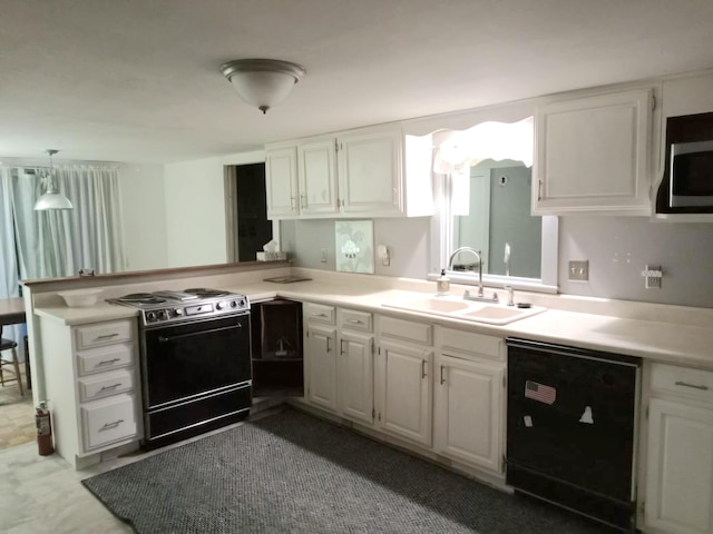 kitchen featuring kitchen peninsula, stove, white cabinets, sink, and dishwasher