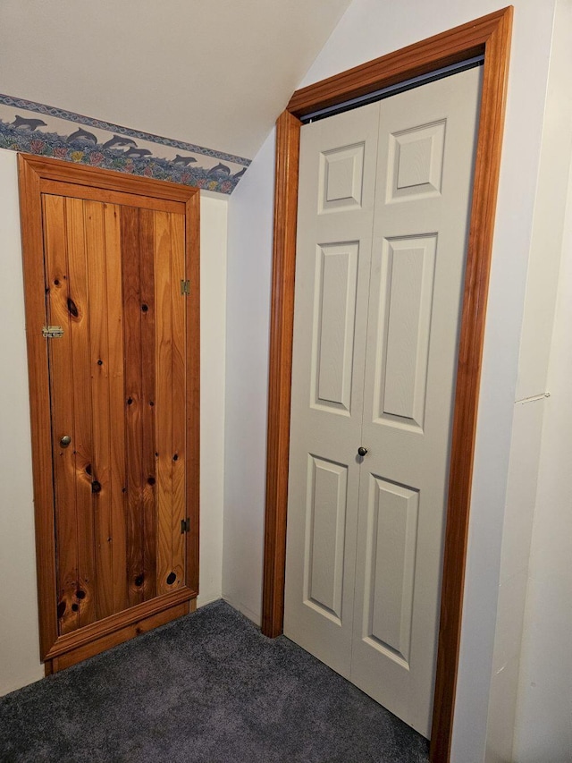 interior space with carpet and vaulted ceiling