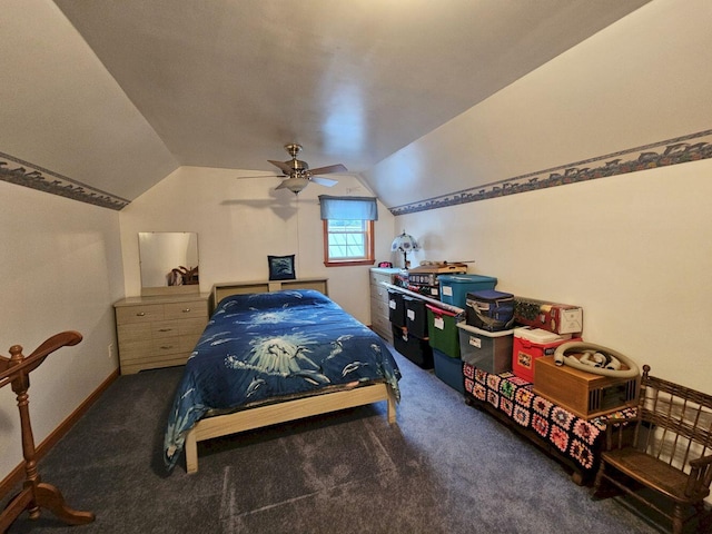 carpeted bedroom featuring vaulted ceiling, ceiling fan, and baseboards