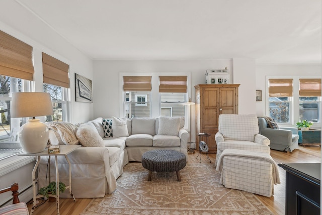 living area featuring light wood-style floors and a baseboard radiator