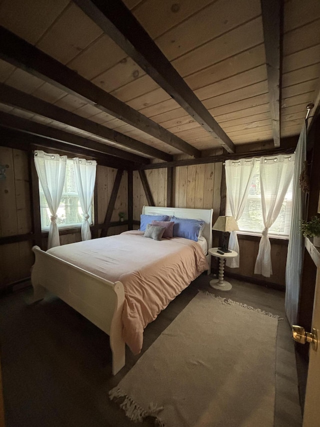 70 Hall Quarry Rd, Mount Desert, ME 04660 - bedroom with wood ceiling with exposed beams and wooden walls