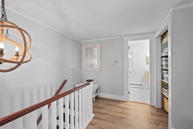 corridor featuring a chandelier, light wood-type flooring, ornamental molding, and a baseboard radiator