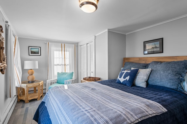 carpeted bedroom featuring a baseboard radiator, a closet, and ornamental molding