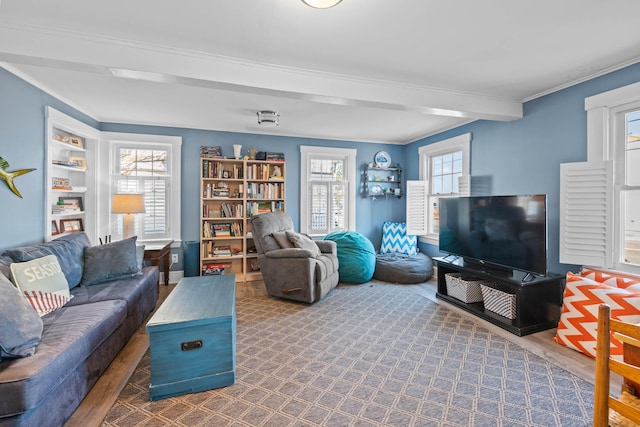 living room featuring beamed ceiling, dark hardwood / wood-style flooring, and ornamental molding