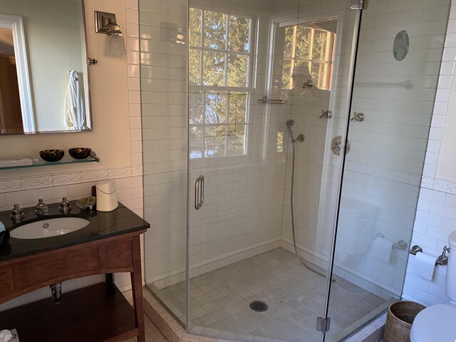 399 Hermits Point Rd, Islesboro, ME 04848 - bathroom featuring vanity, tile walls, a shower stall, and toilet