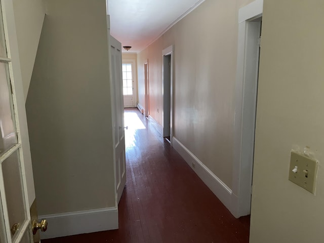 hall featuring ornamental molding and dark wood-type flooring