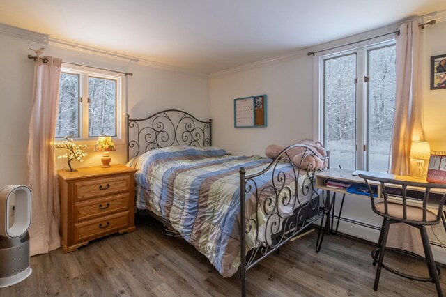 bedroom featuring crown molding and dark hardwood / wood-style floors