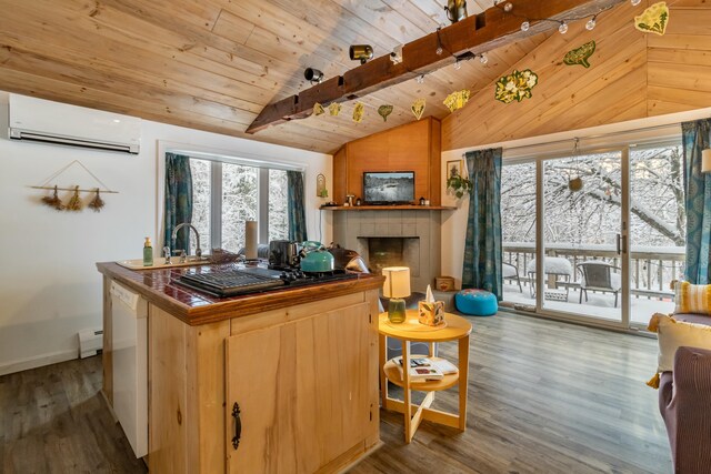 kitchen with wood ceiling, dark wood-type flooring, lofted ceiling with beams, and a baseboard heating unit