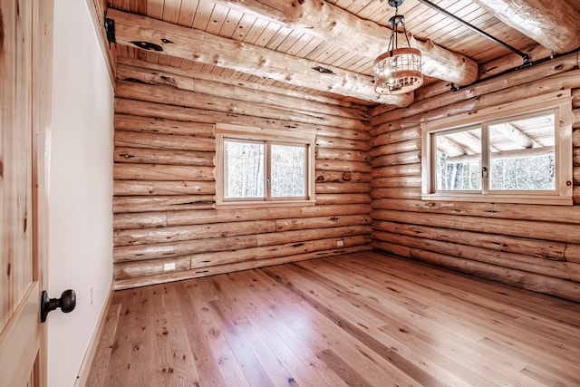 empty room featuring rustic walls, wooden ceiling, beamed ceiling, and light hardwood / wood-style floors