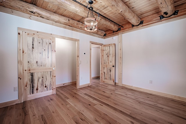 unfurnished bedroom featuring beamed ceiling, wood ceiling, and light hardwood / wood-style flooring