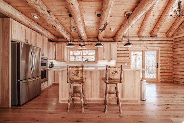 kitchen featuring a healthy amount of sunlight, wood ceiling, hanging light fixtures, and appliances with stainless steel finishes