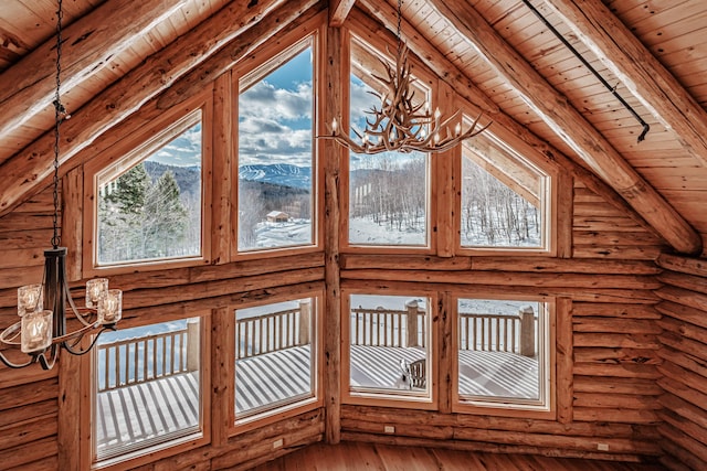 interior details featuring a mountain view, hardwood / wood-style floors, a chandelier, and wooden ceiling