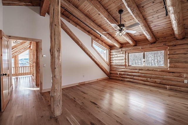 additional living space featuring hardwood / wood-style flooring, vaulted ceiling with beams, wood ceiling, and log walls