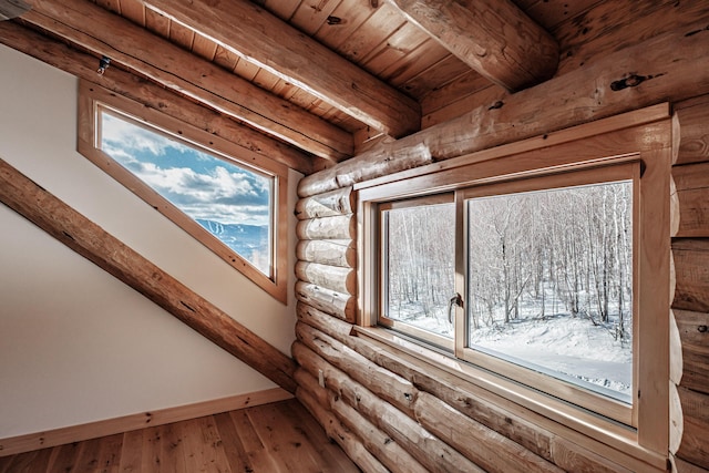 details featuring rustic walls, beamed ceiling, wooden ceiling, and hardwood / wood-style flooring