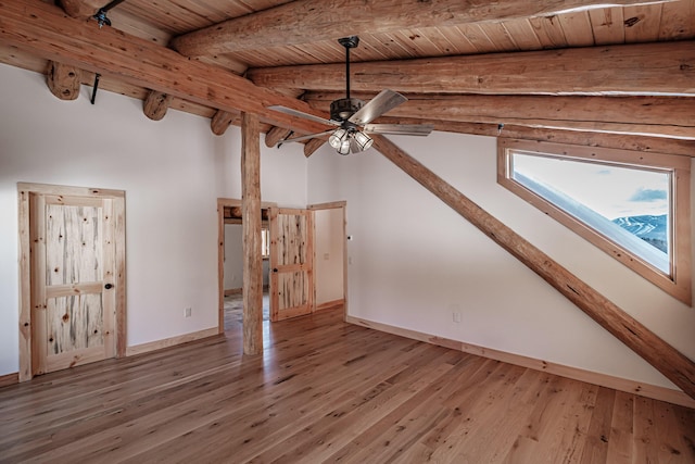 bonus room featuring hardwood / wood-style floors, ceiling fan, vaulted ceiling with beams, and wood ceiling