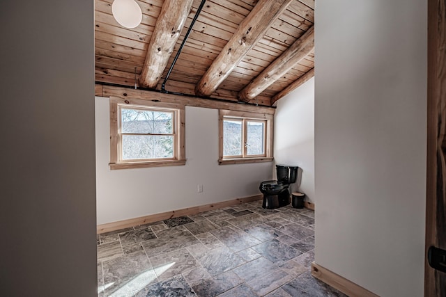 empty room featuring lofted ceiling with beams and wooden ceiling