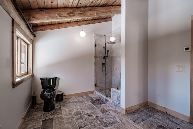 bathroom featuring lofted ceiling with beams, wooden ceiling, and walk in shower