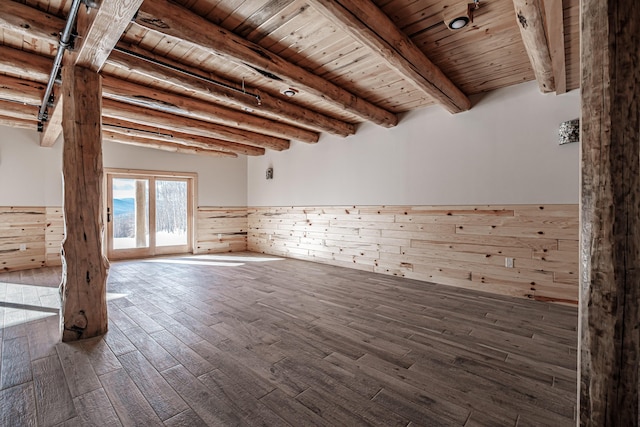 spare room featuring beamed ceiling, wooden ceiling, and hardwood / wood-style flooring