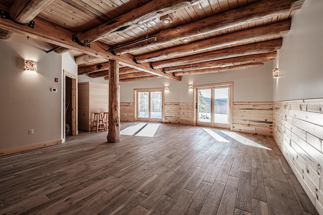 empty room featuring dark hardwood / wood-style floors, beam ceiling, and wood ceiling