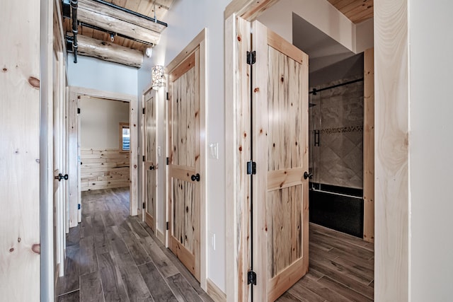 hall with wood walls, wooden ceiling, and dark hardwood / wood-style floors