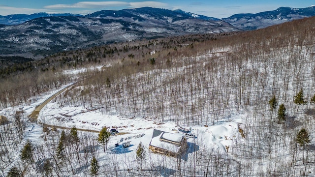 snowy aerial view with a mountain view