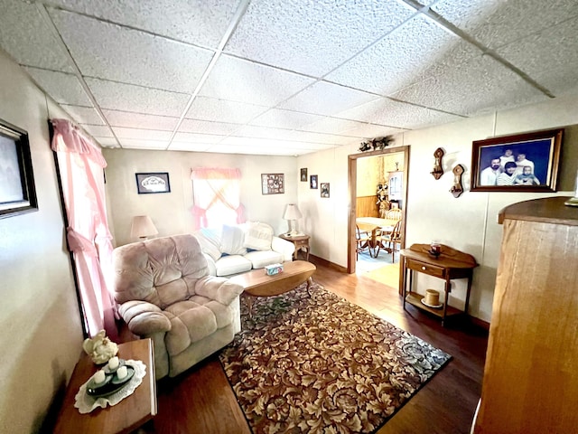 living room with a drop ceiling and wood-type flooring