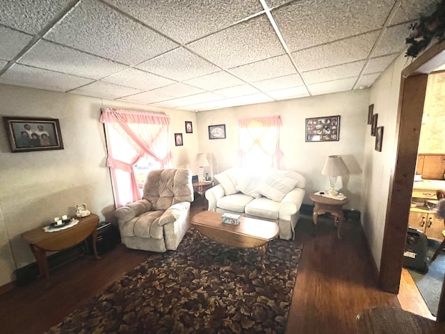 living room featuring dark hardwood / wood-style flooring and a paneled ceiling