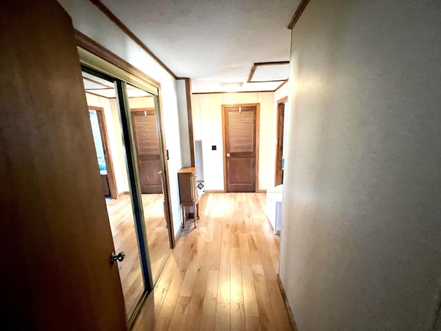 hall featuring light hardwood / wood-style floors and ornamental molding