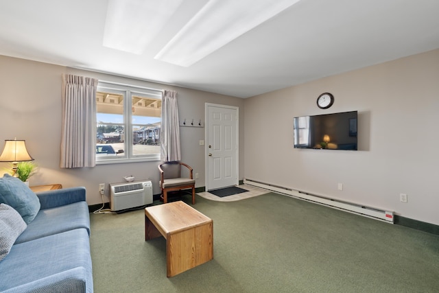 living room with carpet, an AC wall unit, and baseboard heating