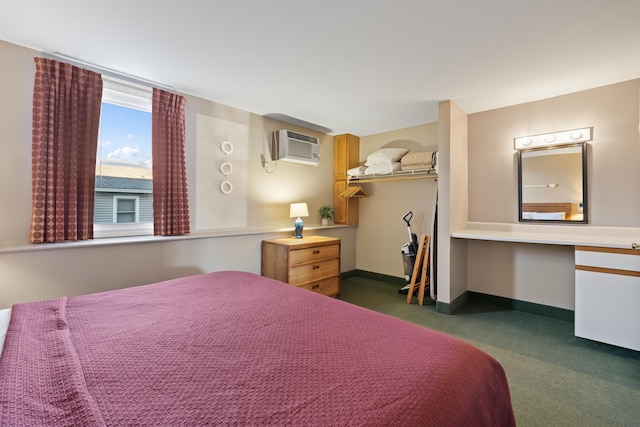 bedroom featuring dark colored carpet, a wall mounted air conditioner, and a closet