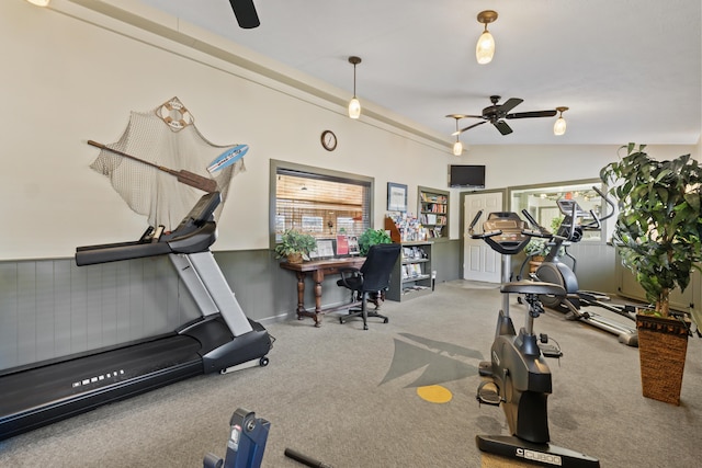 workout area with lofted ceiling, ceiling fan, and carpet flooring