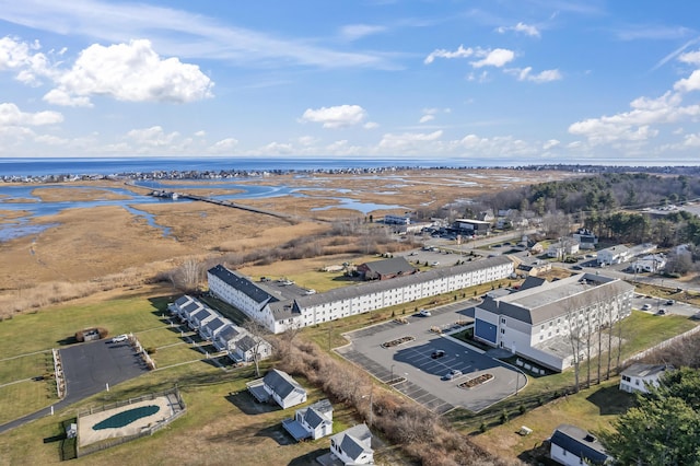 bird's eye view with a water view