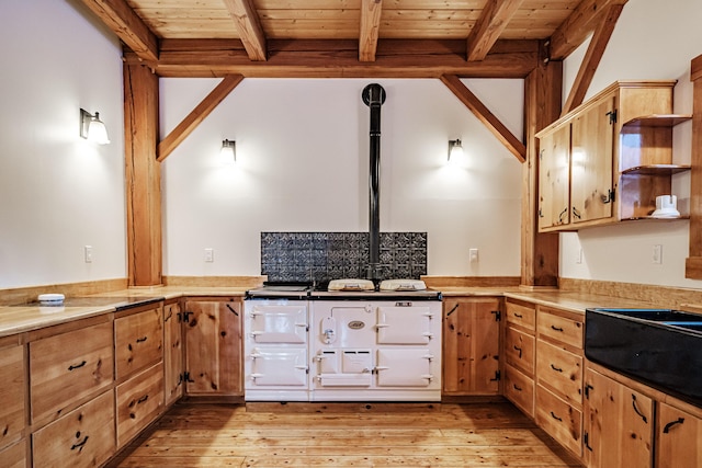 kitchen with lofted ceiling with beams, light wood-type flooring, and wood ceiling