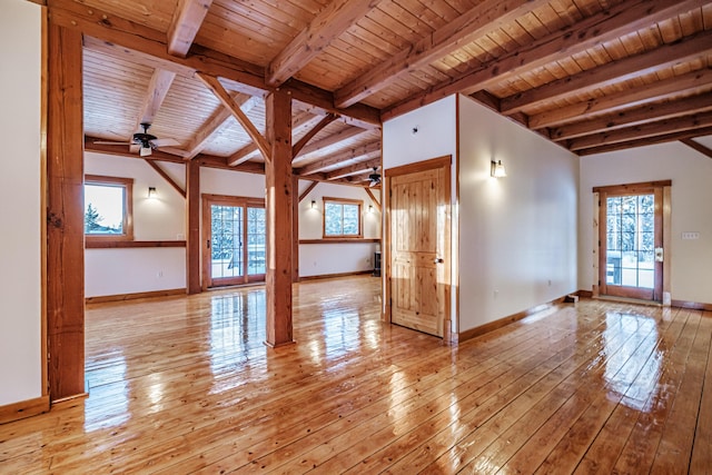 unfurnished room featuring beam ceiling, ceiling fan, wooden ceiling, and light wood-type flooring