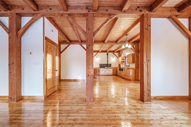 unfurnished living room featuring beam ceiling, a chandelier, wooden ceiling, and light wood-type flooring