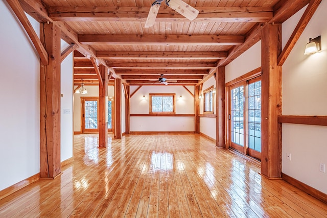 interior space featuring light wood-type flooring, ceiling fan, and wood ceiling