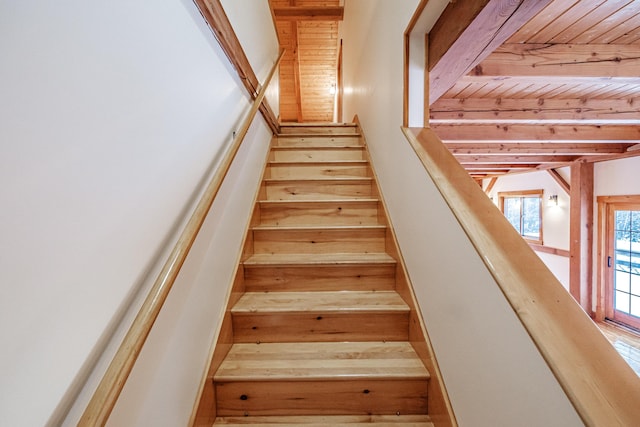 staircase featuring wood ceiling