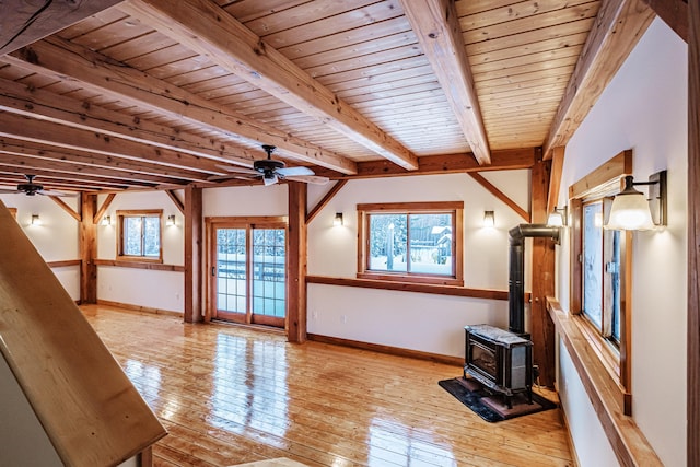 unfurnished living room featuring wooden ceiling, beam ceiling, a wood stove, and light hardwood / wood-style flooring