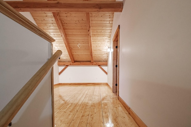 hallway featuring vaulted ceiling with beams, light wood-type flooring, and wooden ceiling